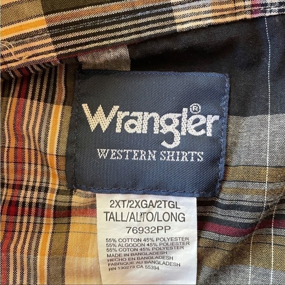 Wrangler Mens 2XLT Western Style Black and Yellow Plaid Short Sleeve Shirt - Picture 3 of 5